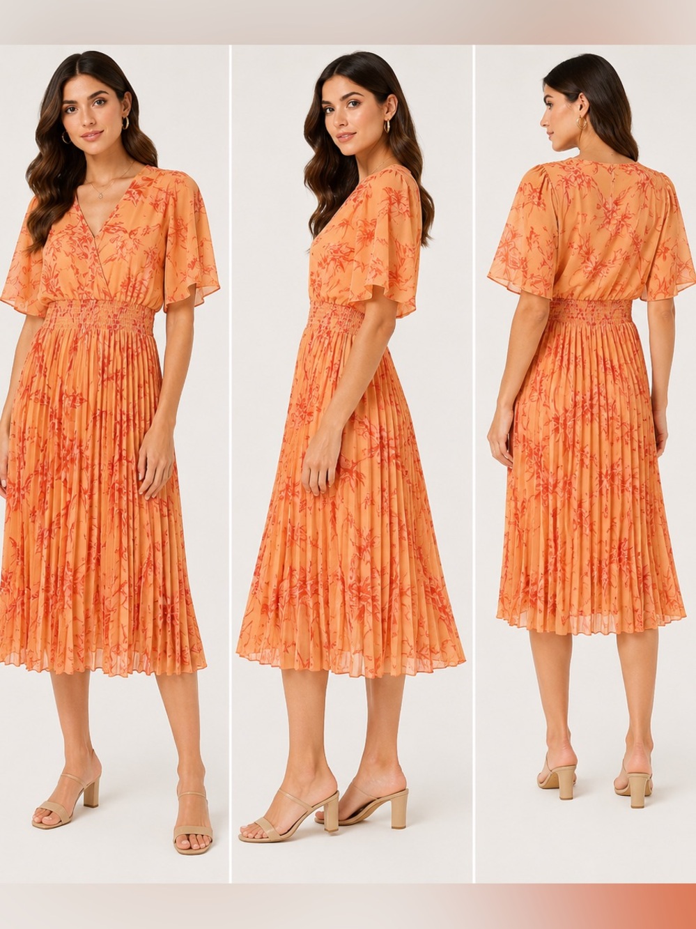 Taylor Dresses Coral-Orange Floral Midi with Pleated Skirt